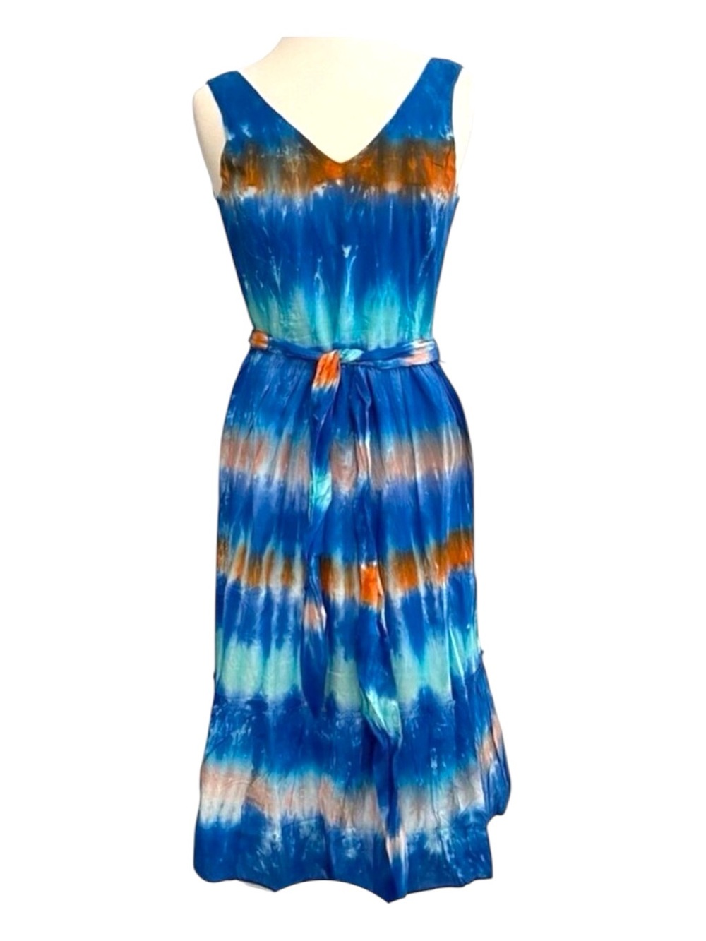 Hatley Sidney midi dress NWT woven V neckline sleeveless blue tie dye belt small
